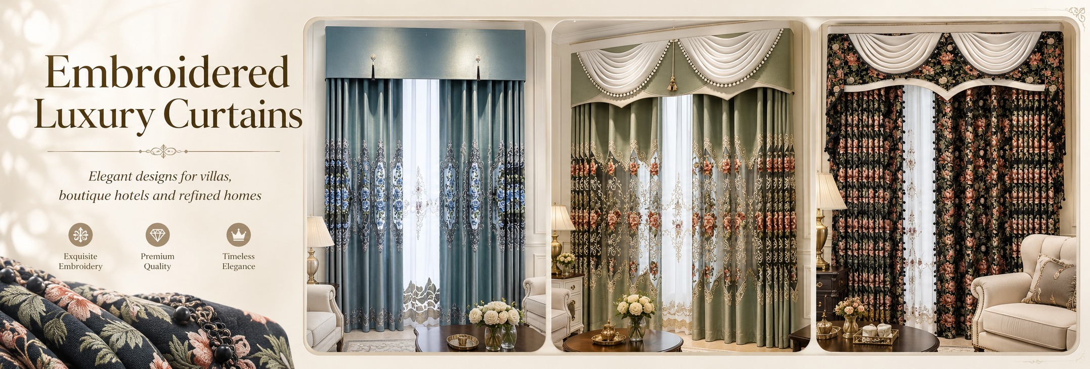 Embroidered Luxury Curtains, with blue, sage and floral curtain styles